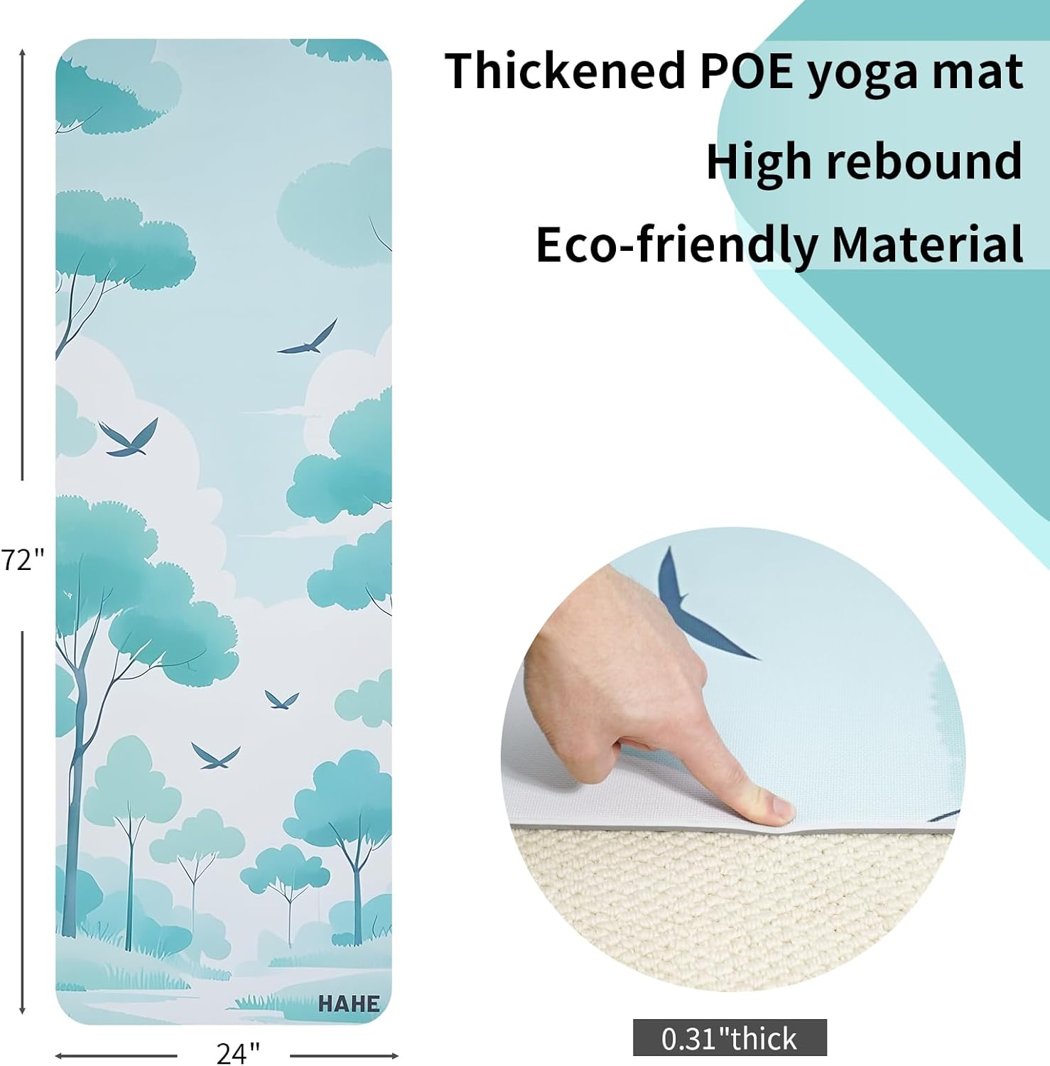 Non Slip Yoga Mat Thick (8MM,0.31"), POE Material High Rebound,Suitable for Yoga, Pilates, Fitness, and More, Provides Superior Cushioning and Support, Durable and Long-Lasting (72" x 24") with Carrying Strap