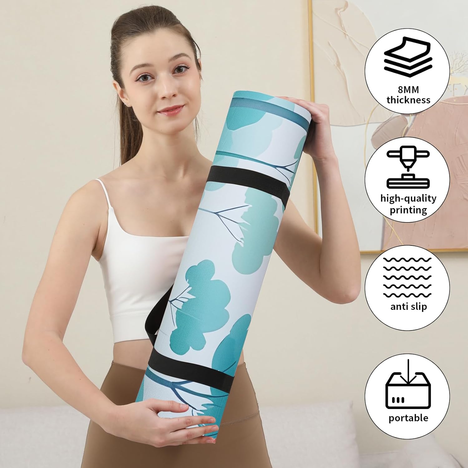 Non Slip Yoga Mat Thick (8MM,0.31"), POE Material High Rebound,Suitable for Yoga, Pilates, Fitness, and More, Provides Superior Cushioning and Support, Durable and Long-Lasting (72" x 24") with Carrying Strap