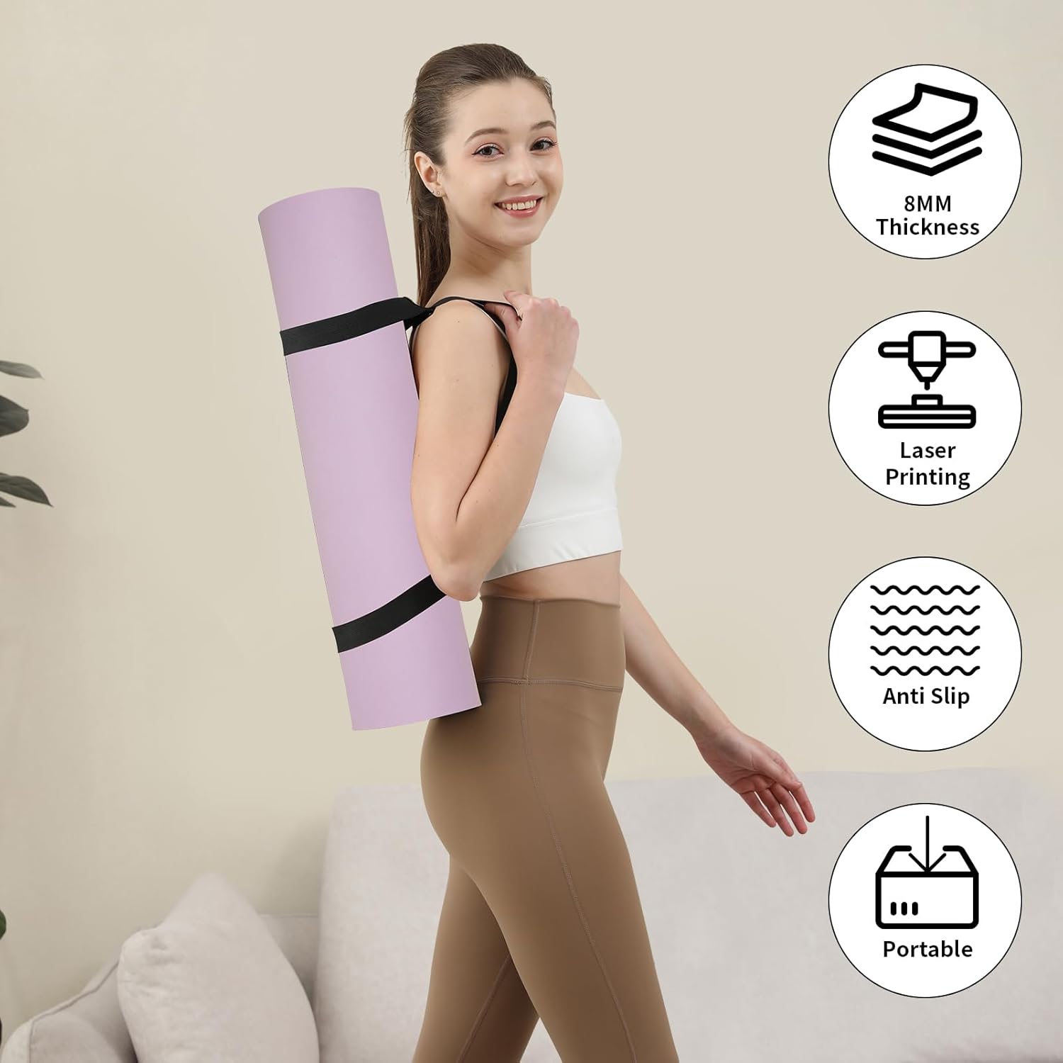 Yoga Mat Thick (8MM,1/3"), Eco-Friendly POE Non Slip Yoga Mat, High Rebound & Shock Absorption, Anti-Tear & Sweat-Resistant for Yoga, Fitness, Home, Workouts, Large Pilates Mats 72"x24" with Carrying Strap
