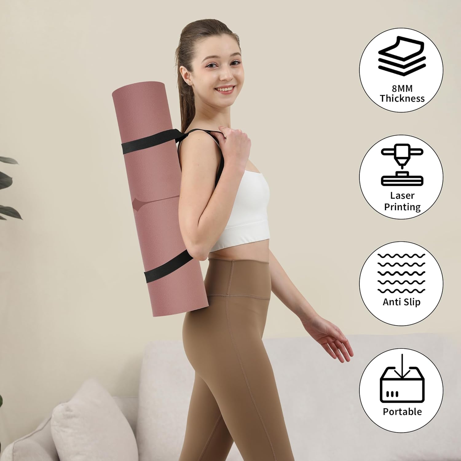Yoga Mat Thick (8MM,1/3"), Eco-Friendly POE Non Slip Yoga Mat, High Rebound & Shock Absorption, Anti-Tear & Sweat-Resistant for Yoga, Fitness, Home, Workouts, Large Pilates Mats 72"x24" with Carrying Strap