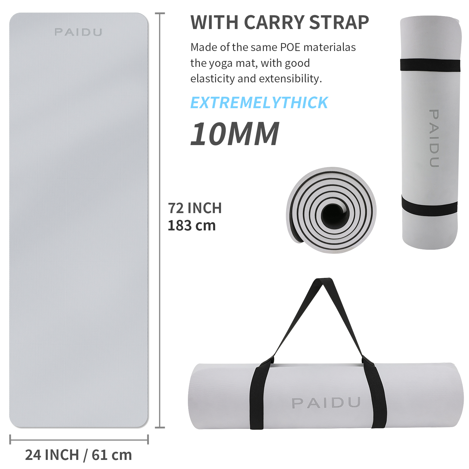 Yoga Mat Non Slip Anti-tear,extra thick-2/5 inch（10MM）High Resiliency Professional POE Yoga Mats for Women Men Kids,72"x24"inch,Workout, Yoga, Pilates and Floor Exercise, with Carrier Strap