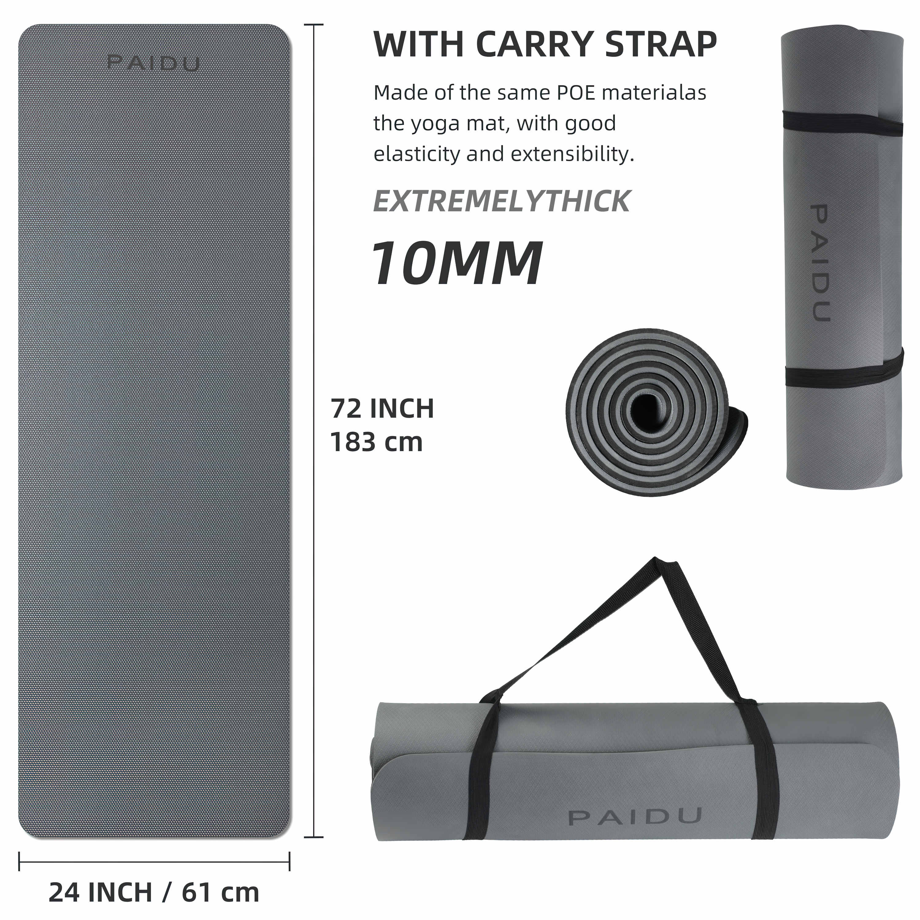 Yoga Mat Non Slip Anti-tear,extra thick-2/5 inch（10MM）High Resiliency Professional POE Yoga Mats for Women Men Kids,72"x24"inch,Workout, Yoga, Pilates and Floor Exercise, with Carrier Strap