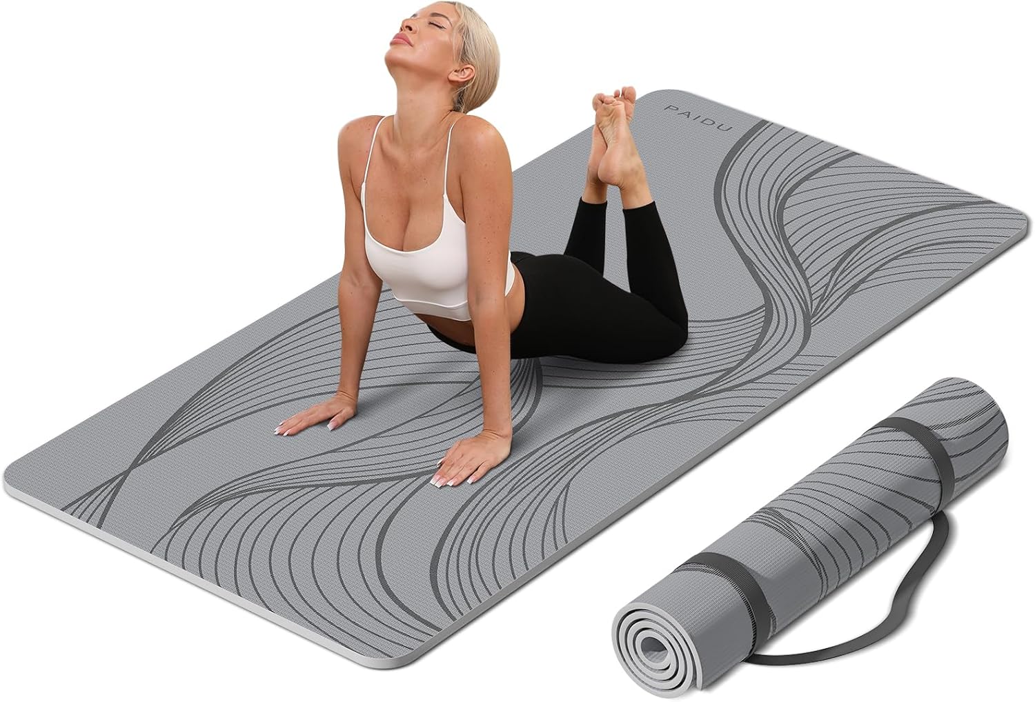 PIDO Large yoga mat extra wide and thick, comfortable non-slip exercise mat flooring for stretching, yoga studio, gym or home workout Grey