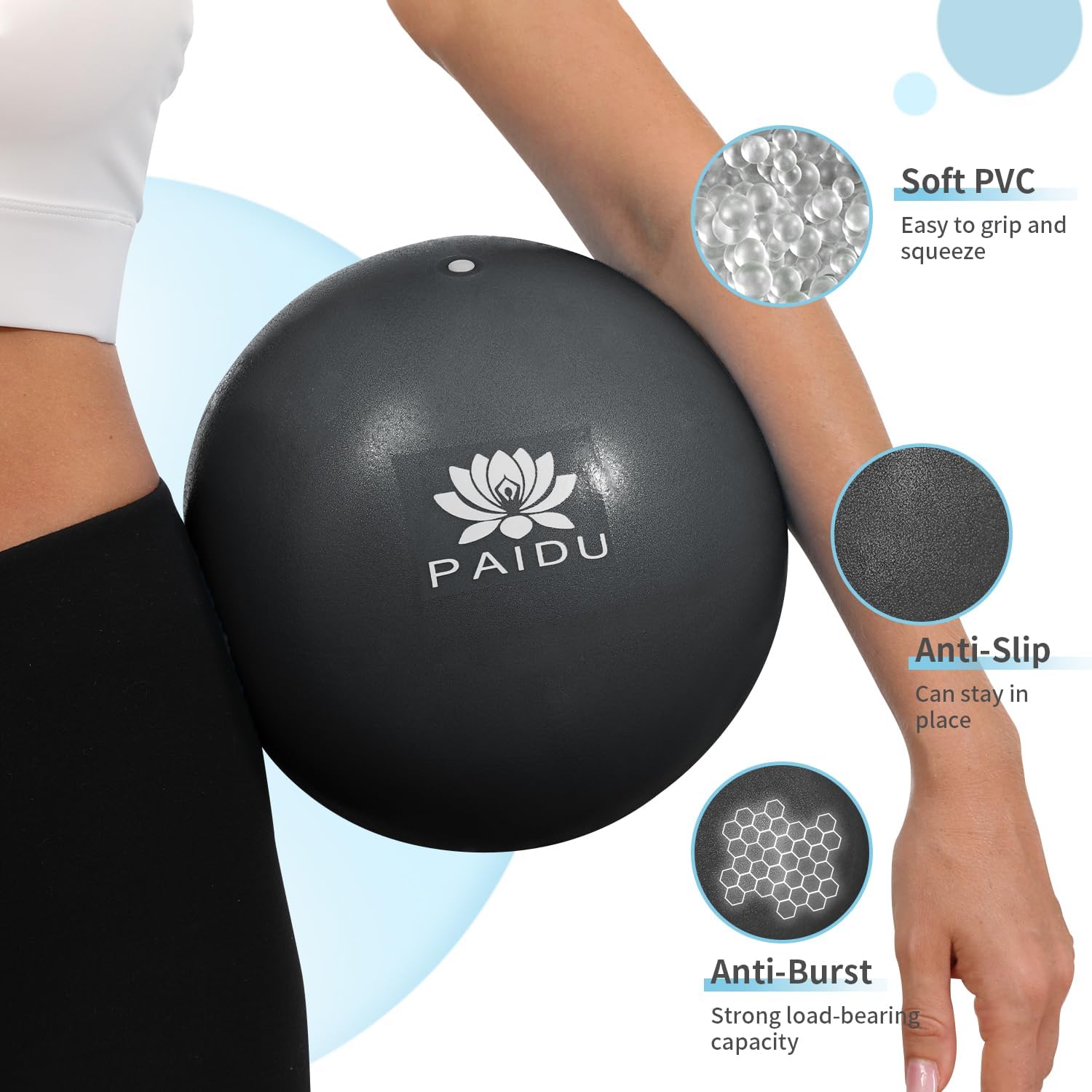 PIDO Pilates Ball 10-inch Core, Anti-Explosion and Anti-Slip Mini Yoga Balls Black