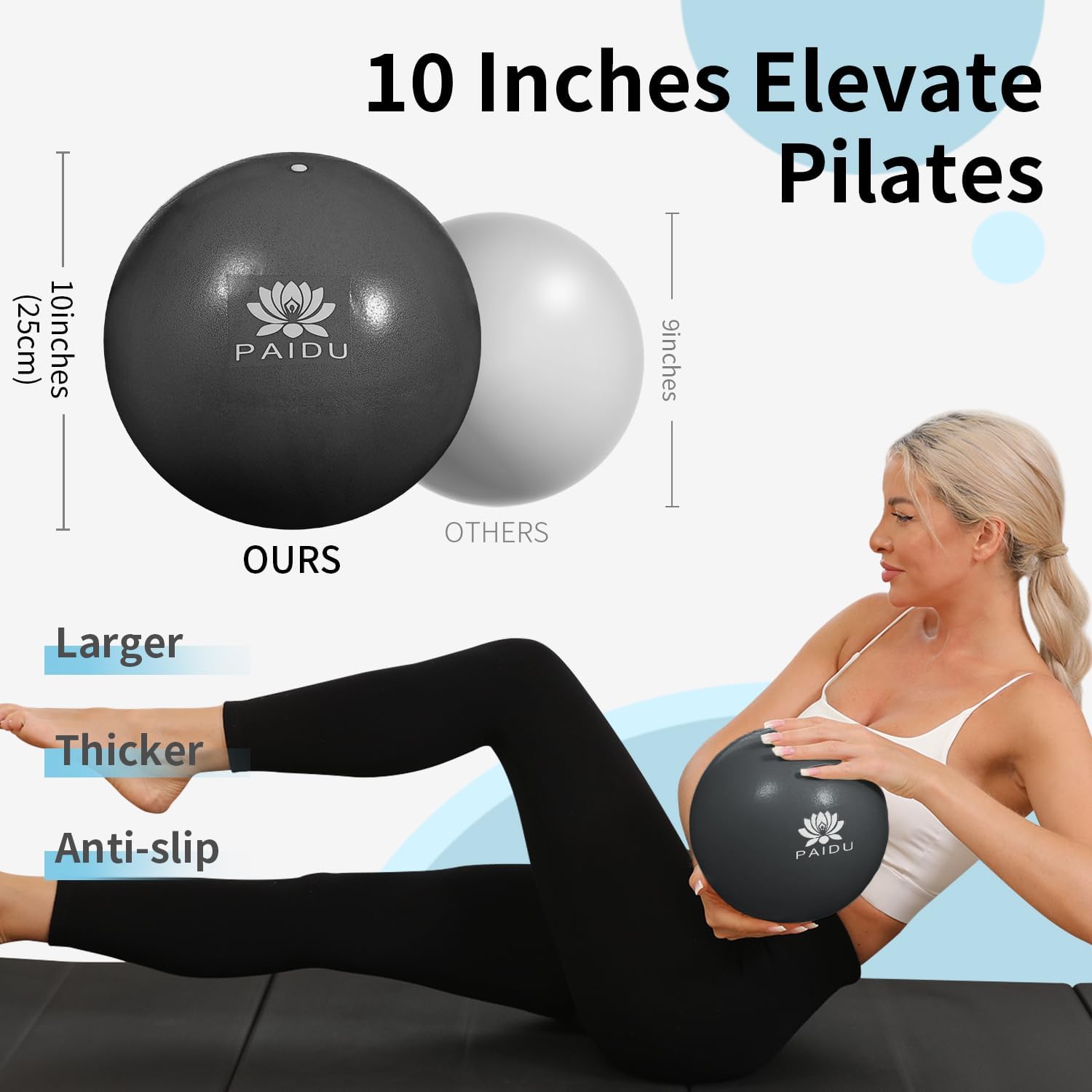 PIDO Pilates Ball 10-inch Core, Anti-Explosion and Anti-Slip Mini Yoga Balls Black