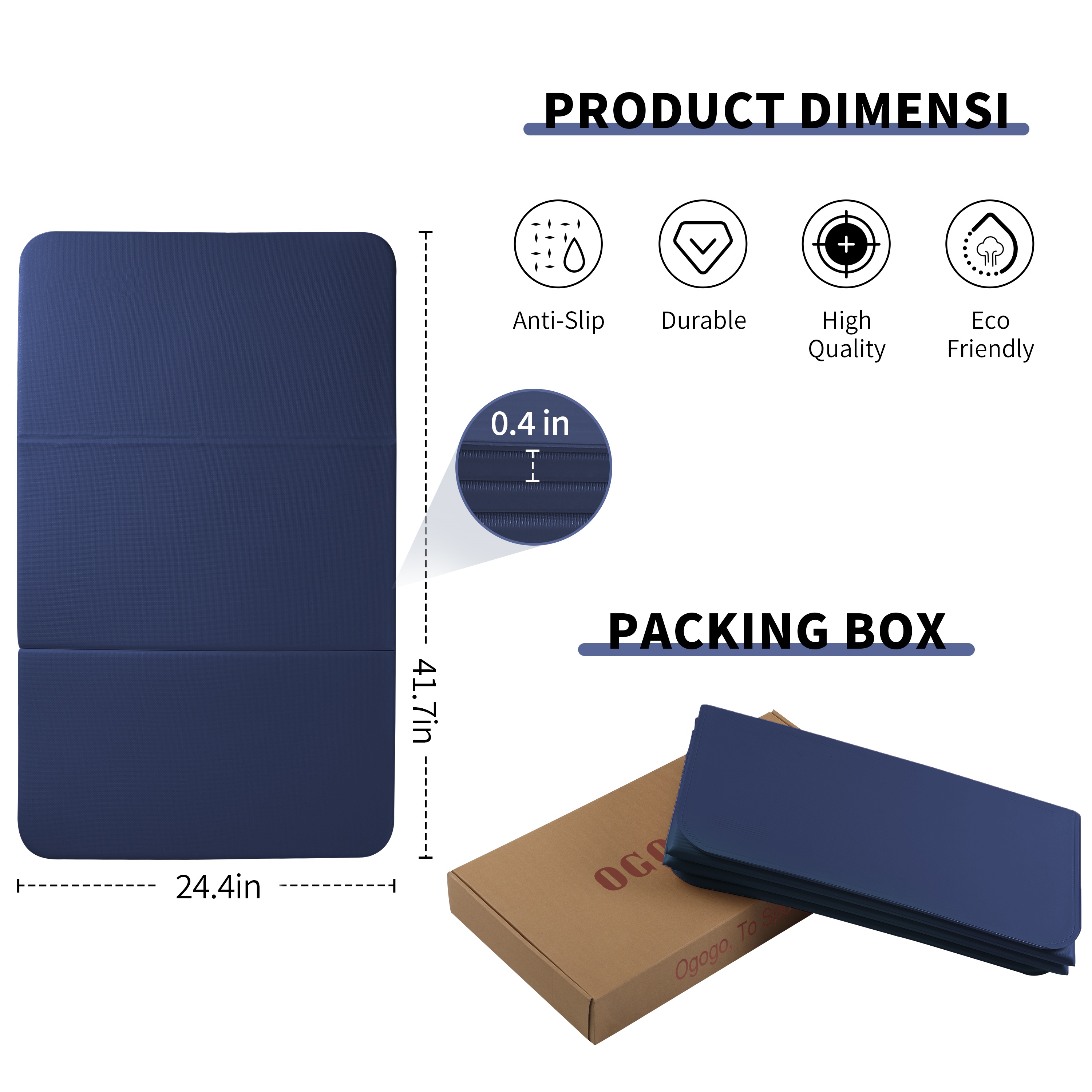PIDO TPE Thickened Non-slip Outdoor Three-fold Yoga Mat Camping Fitness Portable Mat Navy Blue