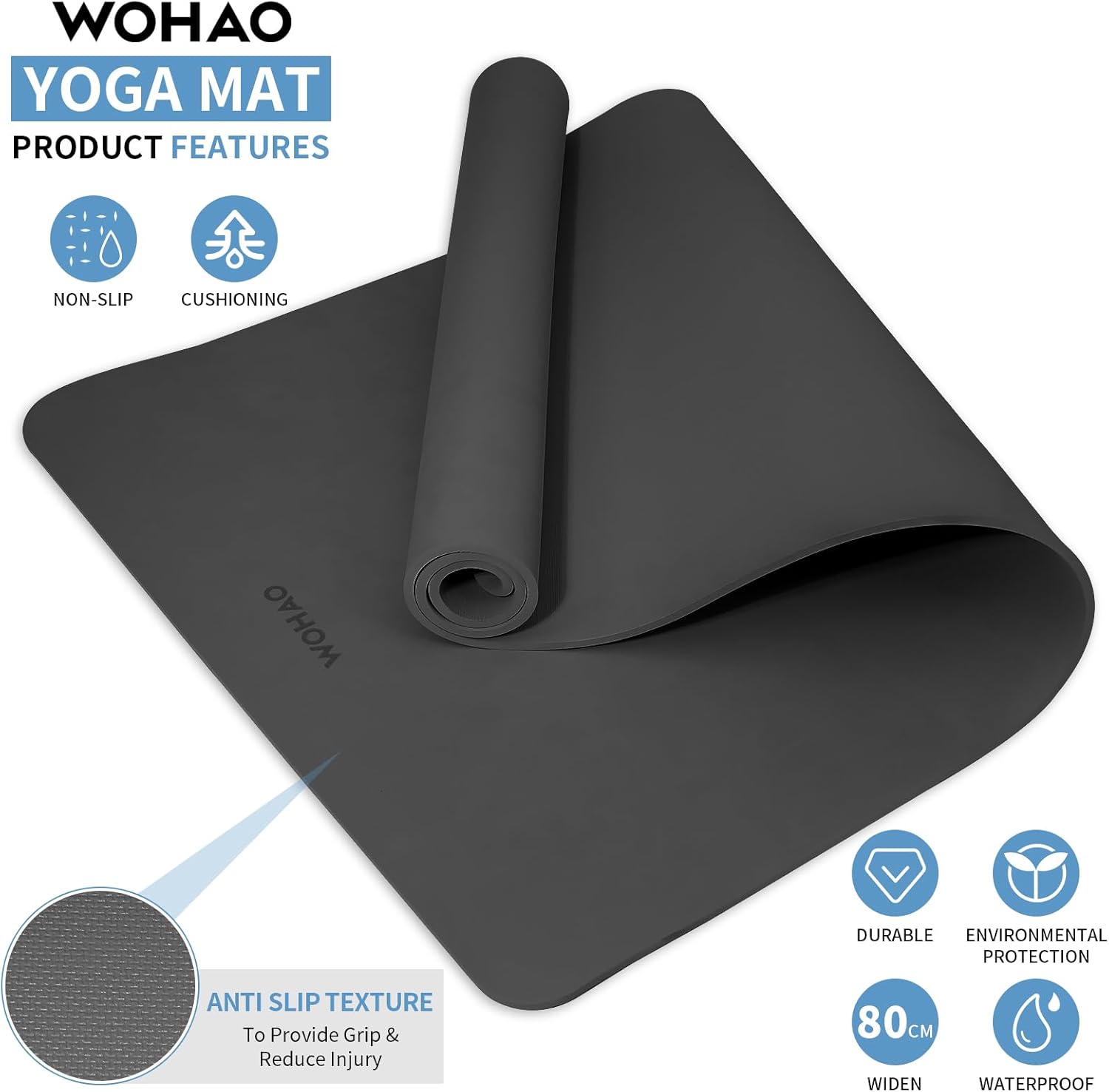 PIDO Non-Slip Yoga Mat,Durable with Carrying Strap for Yoga, Pilates, Home Gym Black