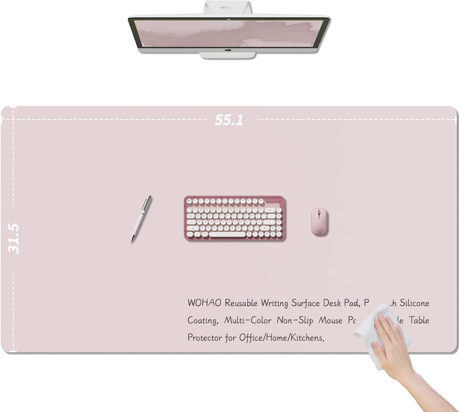 PIDO Reusable Writing Surface Desk Pad, PU with Silicone Coating, Multi-Color Non-Slip Mouse Pad Pink