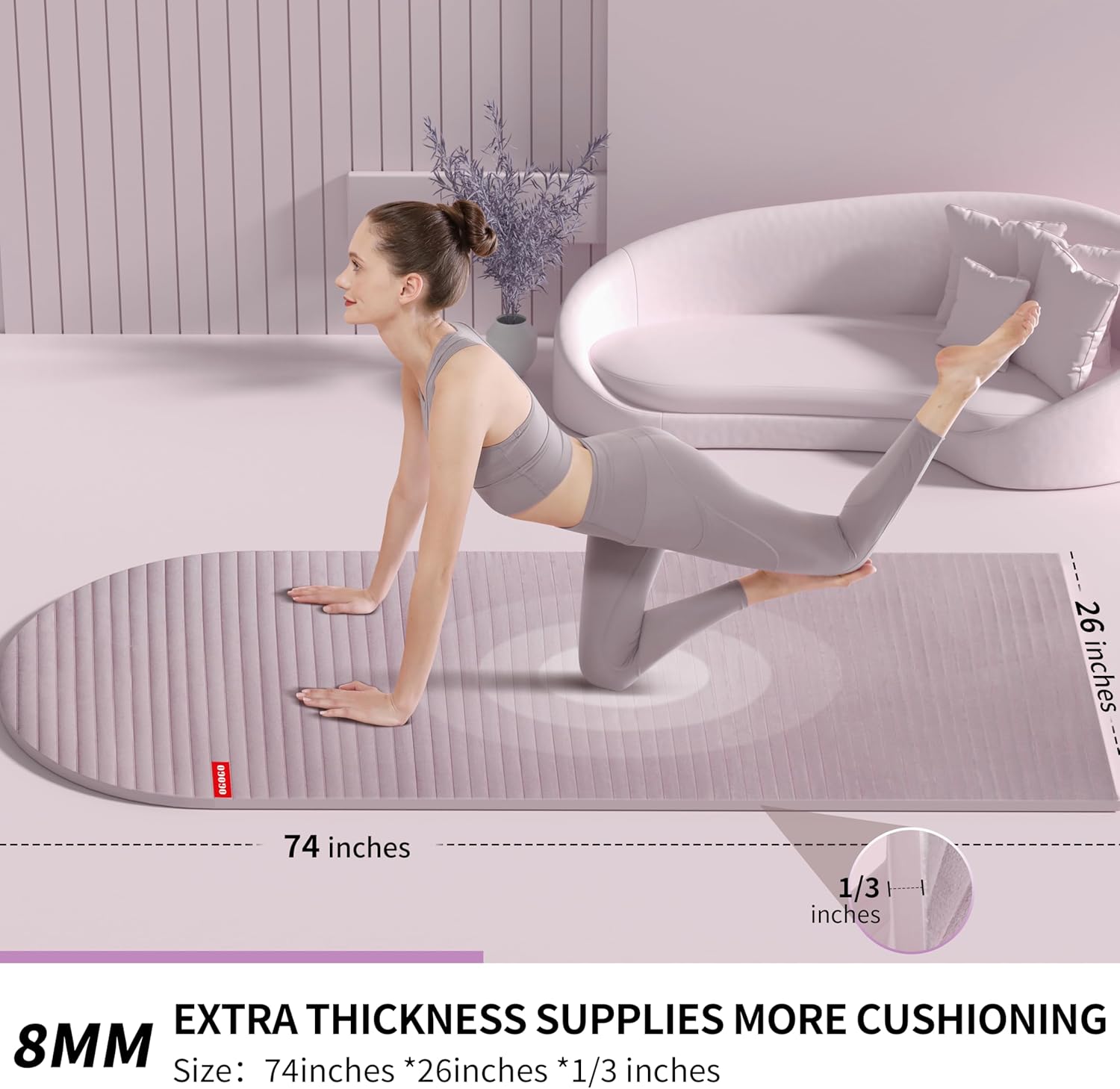 Fitness Mat with Suede Finish, Extra Long and Wide 74 x 26 x 1/3 Thick POE Material, Wavy Texture Non-Slip Design, Reinforced Edges, Includes Carrying Strap Pink