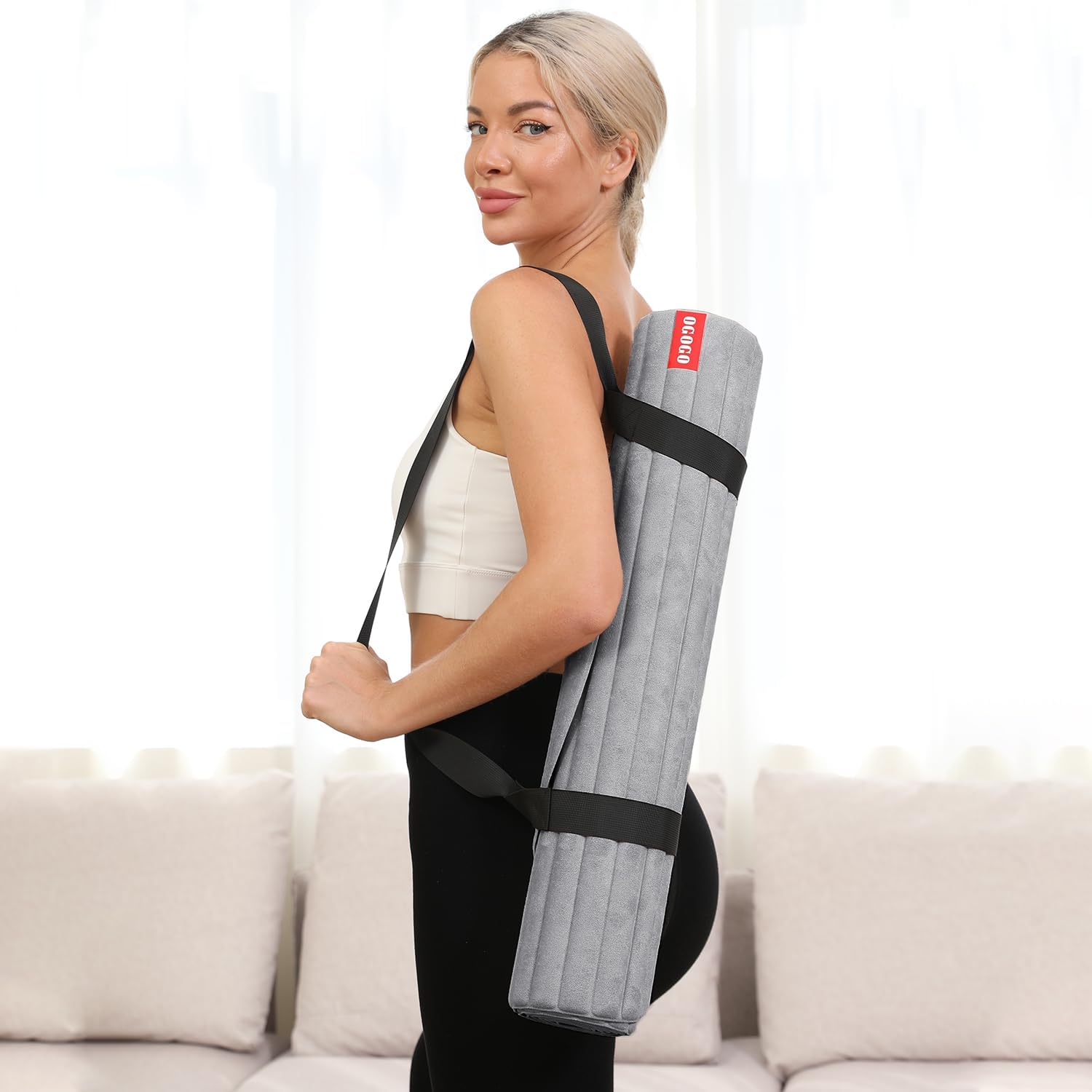 Fitness Mat with Suede Finish, Extra Long and Wide 74 x 26 x 1/3 Thick POE Material, Wavy Texture Non-Slip Design, Reinforced Edges, Includes Carrying Strap Black