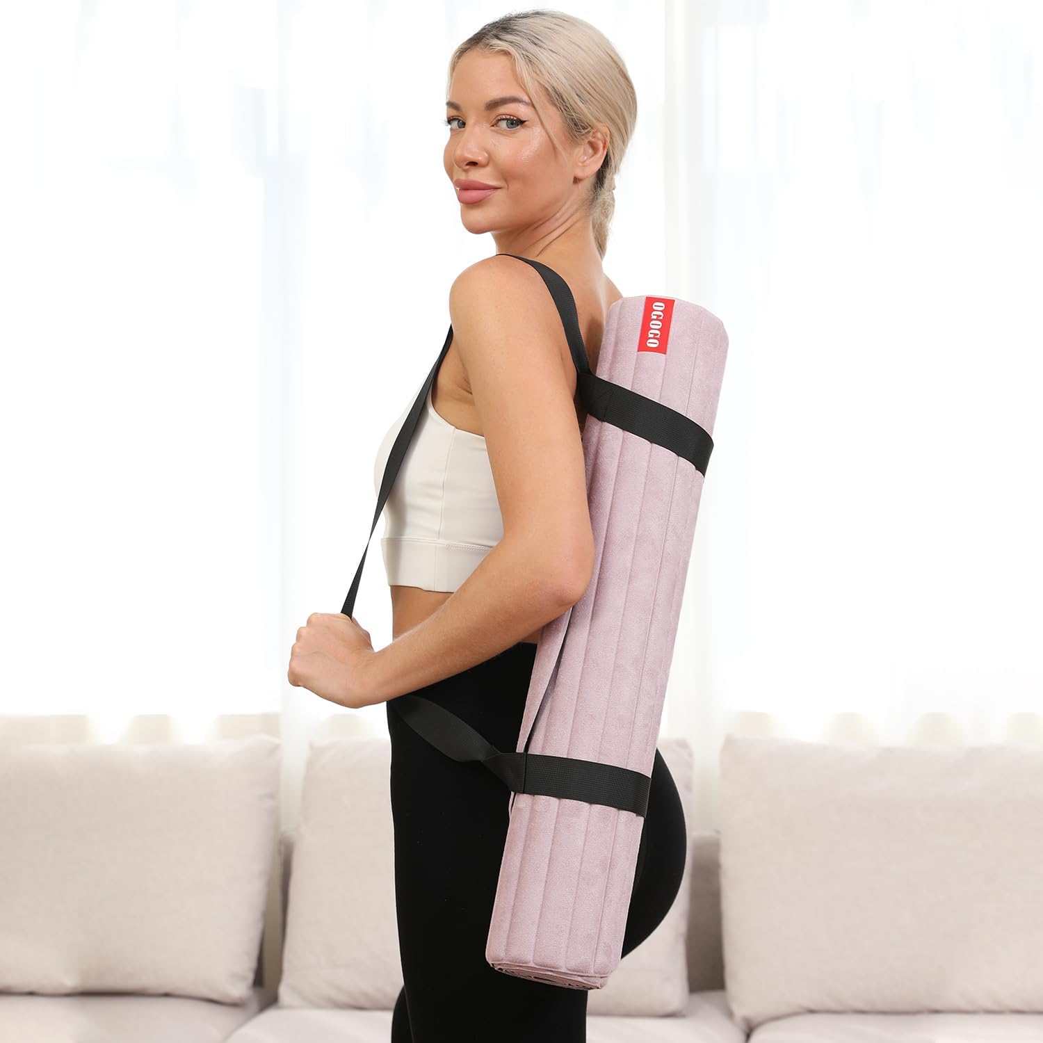 Fitness Mat with Suede Finish, Extra Long and Wide 74 x 26 x 1/3 Thick POE Material, Wavy Texture Non-Slip Design, Reinforced Edges, Includes Carrying Strap Pink