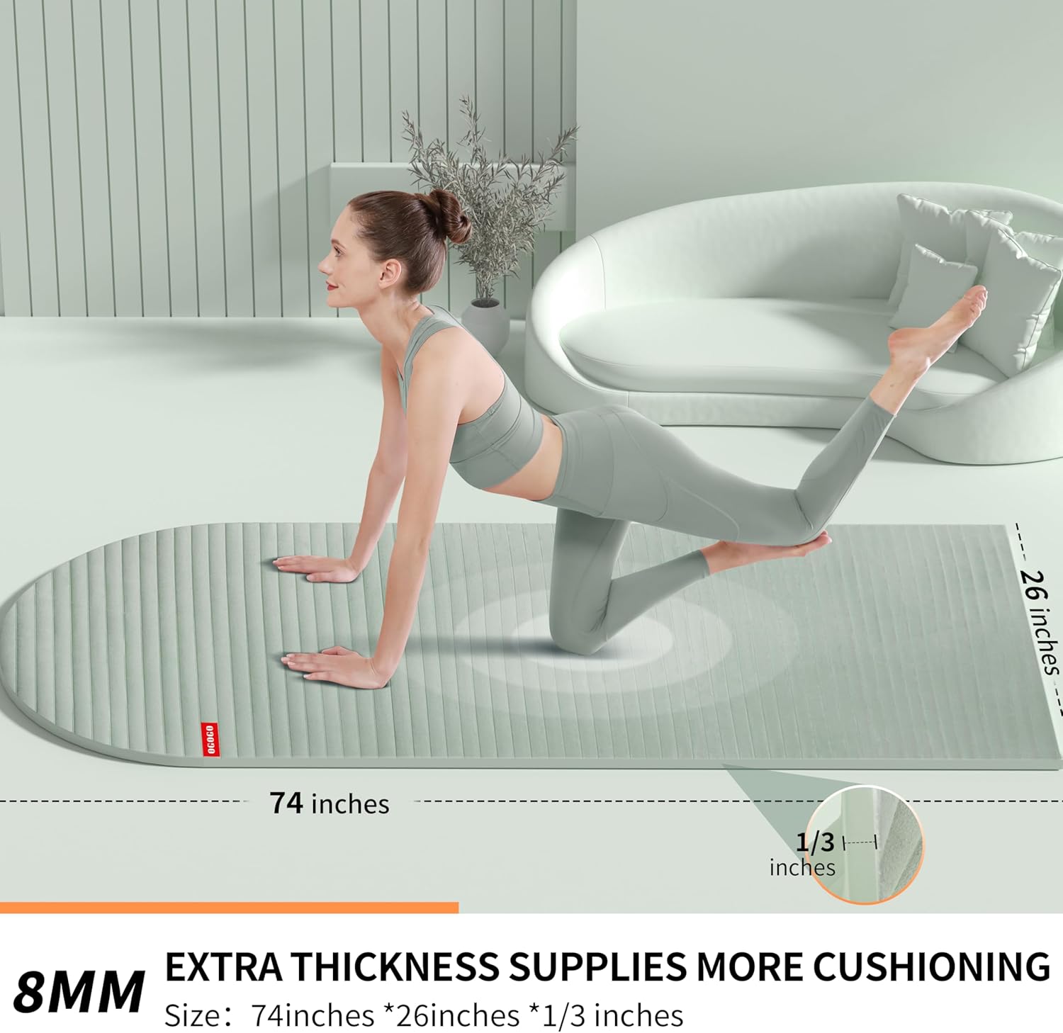 Fitness Mat with Suede Finish, Extra Long and Wide 74 x 26 x 1/3 Thick POE Material, Wavy Texture Non-Slip Design, Reinforced Edges, Includes Carrying Strap Green