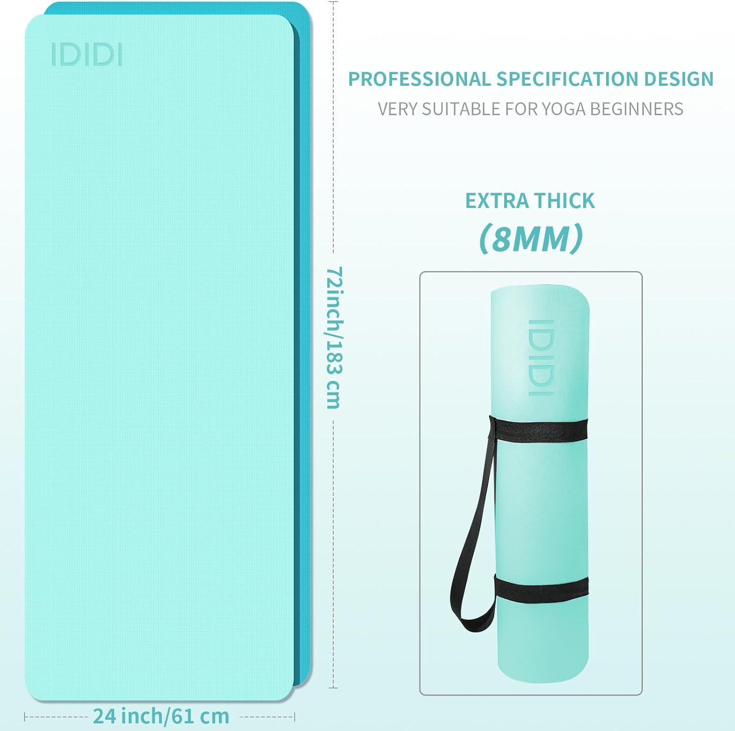 Yoga Mat with Strap,Non-Skid Workout Mat,8mm Thick Yoga Mat,POE Yoga Mats for Women Men Kids,Exercise Mat with Easy-Cinch,72"x24"x0.32” (183x61x0.8cm)  Light Green +Teal