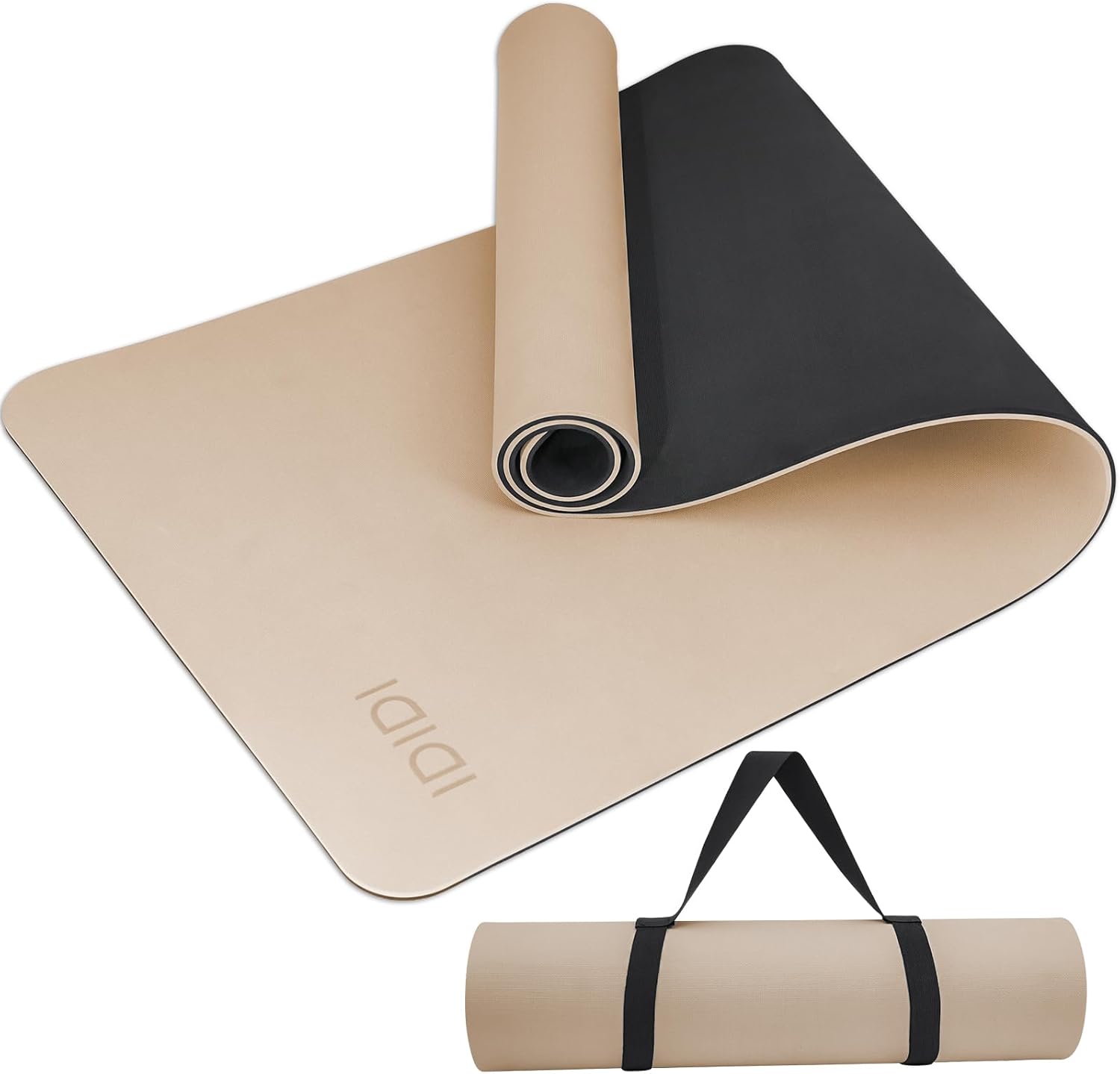 Yoga Mat with Strap,Non-Skid Workout Mat,8mm Thick Yoga Mat,POE Yoga Mats for Women Men Kids,Exercise Mat with Easy-Cinch,72"x24"x0.32” (183x61x0.8cm) Beige+Black