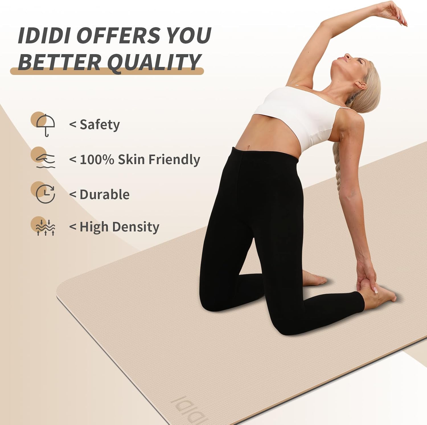 Yoga Mat with Strap,Non-Skid Workout Mat,8mm Thick Yoga Mat,POE Yoga Mats for Women Men Kids,Exercise Mat with Easy-Cinch,72"x24"x0.32” (183x61x0.8cm) Beige+Black