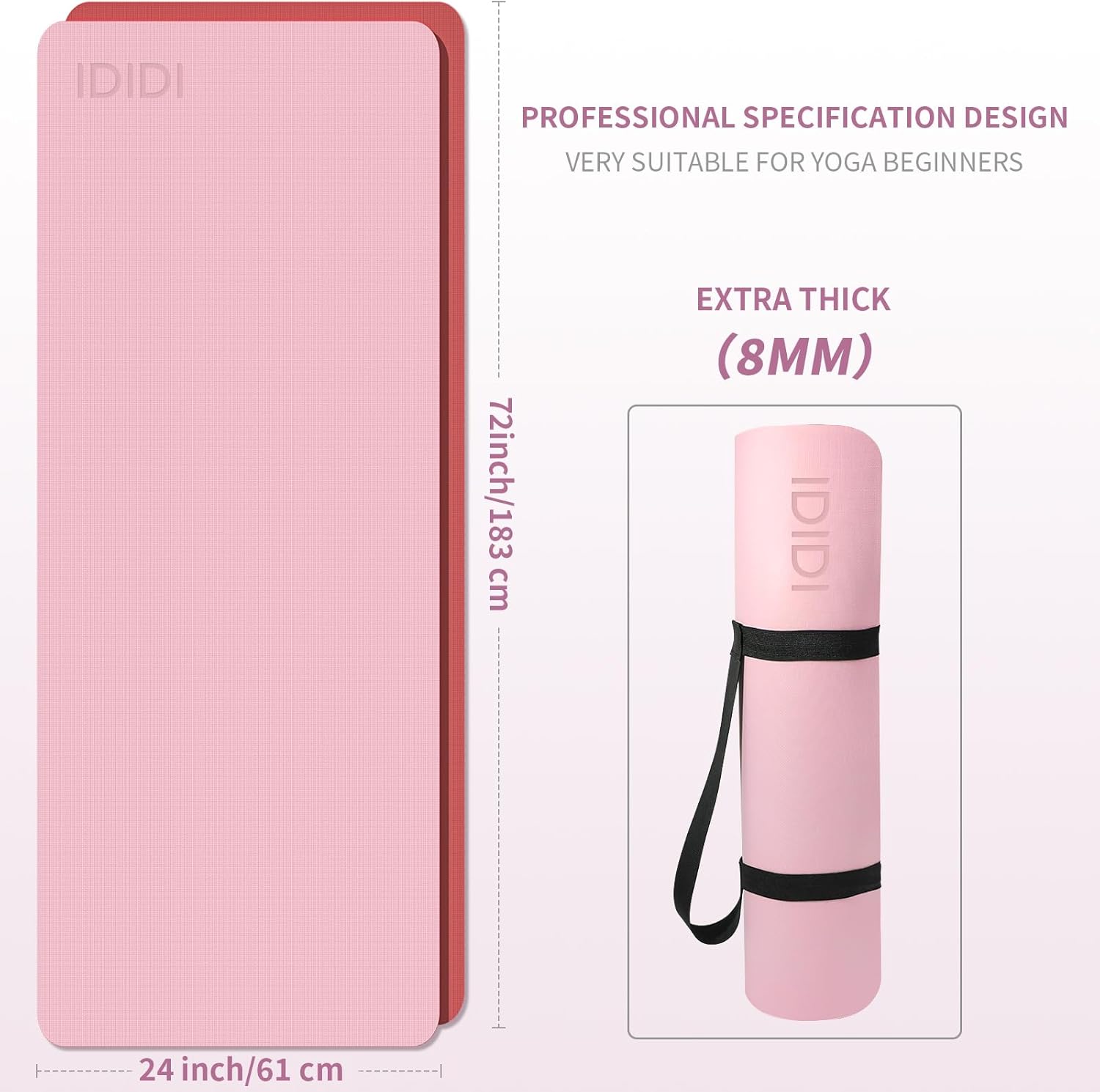 Yoga Mat with Strap,Non-Skid Workout Mat,8mm Thick Yoga Mat,POE Yoga Mats for Women Men Kids,Exercise Mat with Easy-Cinch,72"x24"x0.32” (183x61x0.8cm) Pink+red