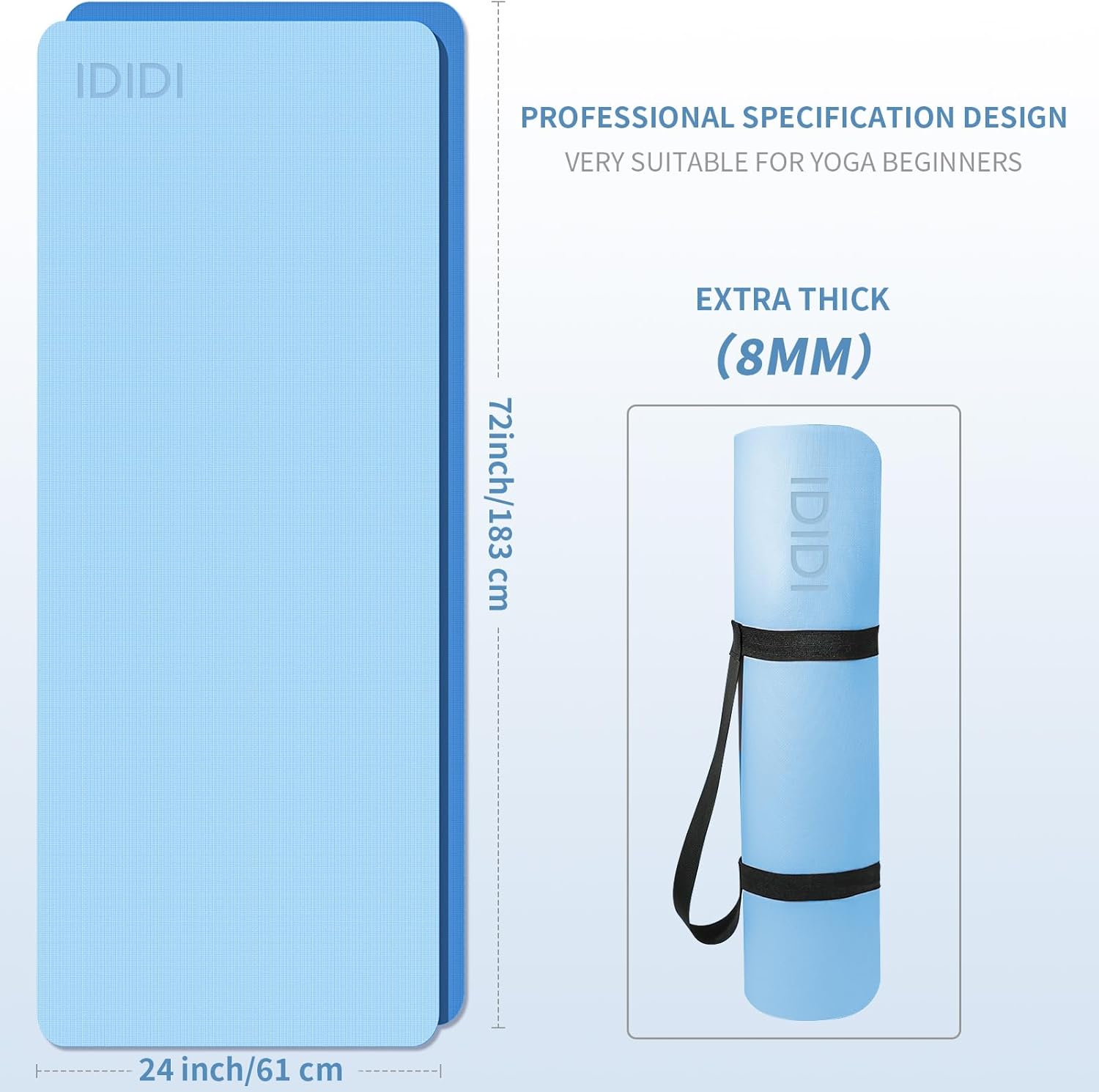 Yoga Mat with Strap,Non-Skid Workout Mat,8mm Thick Yoga Mat,POE Yoga Mats for Women Men Kids,Exercise Mat with Easy-Cinch,72"x24"x0.32” (183x61x0.8cm) Space Blue +Ocean Blue