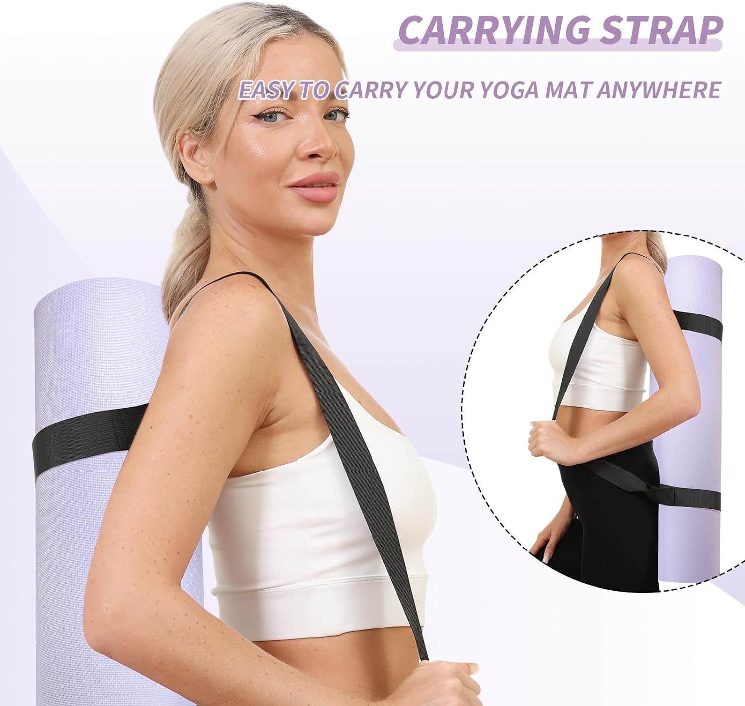 Yoga Mat with Strap,Non-Skid Workout Mat,8mm Thick Yoga Mat,POE Yoga Mats for Women Men Kids,Exercise Mat with Easy-Cinch,72"x24"x0.32” (183x61x0.8cm) Violet+Purple