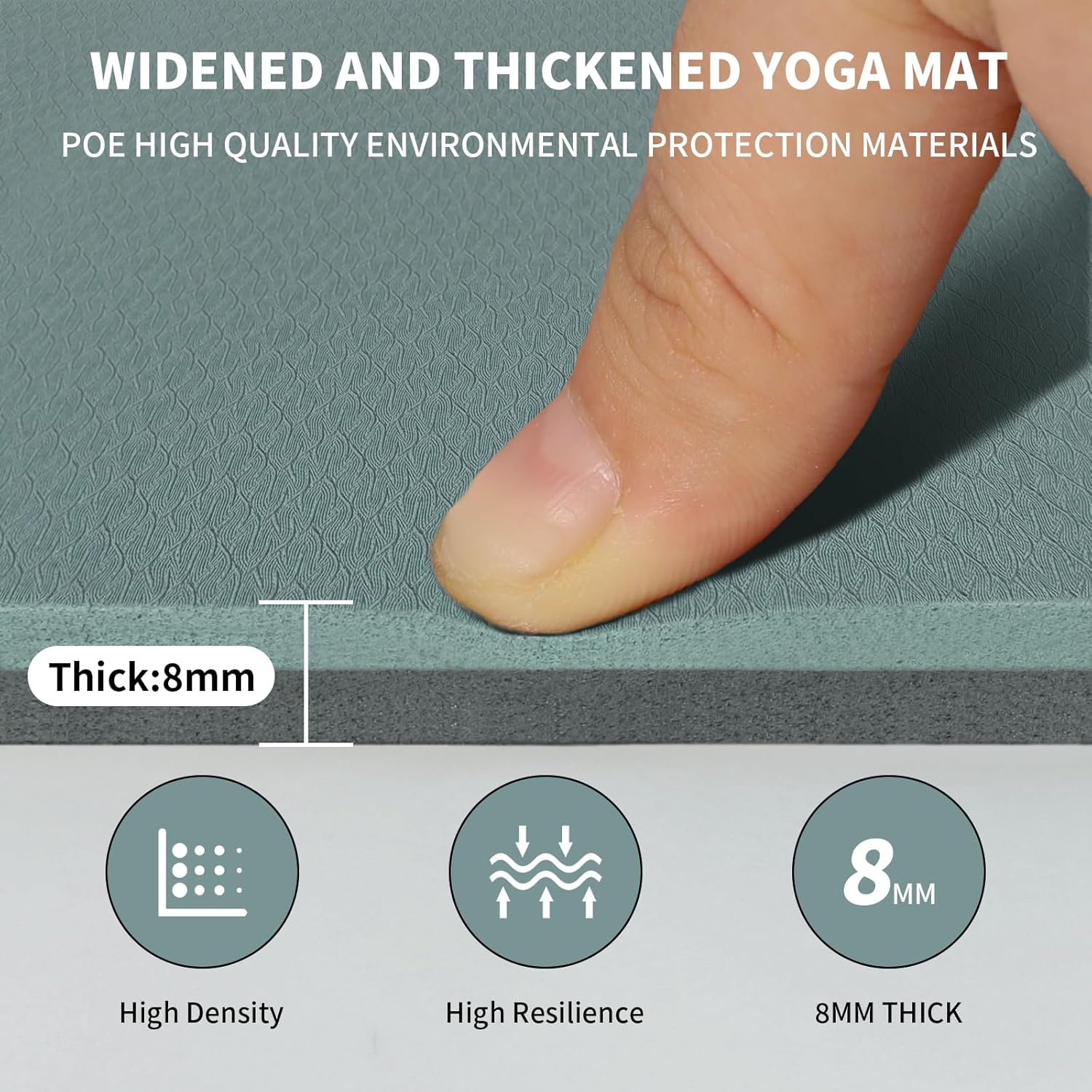 Yoga Mat with Strap,Non-Skid Workout Mat,8mm Thick Yoga Mat,POE Yoga Mats for Women Men Kids,Exercise Mat with Easy-Cinch,72"x24"x0.32” (183x61x0.8cm)   Deep Green +Gray