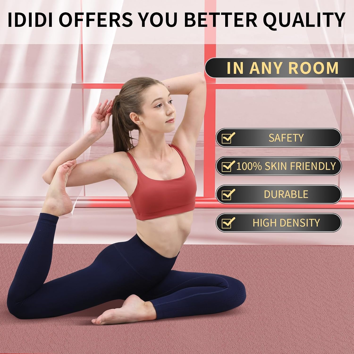 Yoga Mat with Strap,Non-Skid Workout Mat,8mm Thick Yoga Mat,POE Yoga Mats for Women Men Kids,Exercise Mat with Easy-Cinch,72"x24"x0.32” (183x61x0.8cm)   Deep pink +Grey