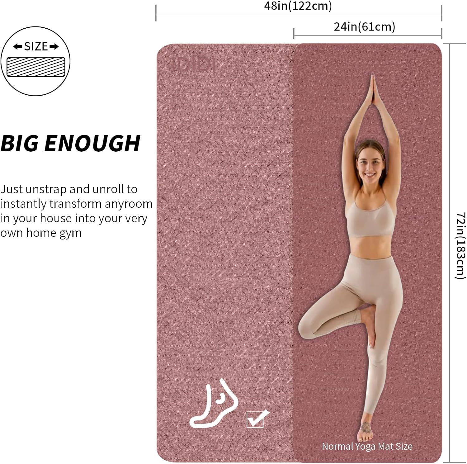 Yoga Mat with Strap,Non-Skid Workout Mat,8mm Thick Yoga Mat,POE Yoga Mats for Women Men Kids,Exercise Mat with Easy-Cinch,72"x24"x0.32” (183x61x0.8cm)   Deep pink +Grey