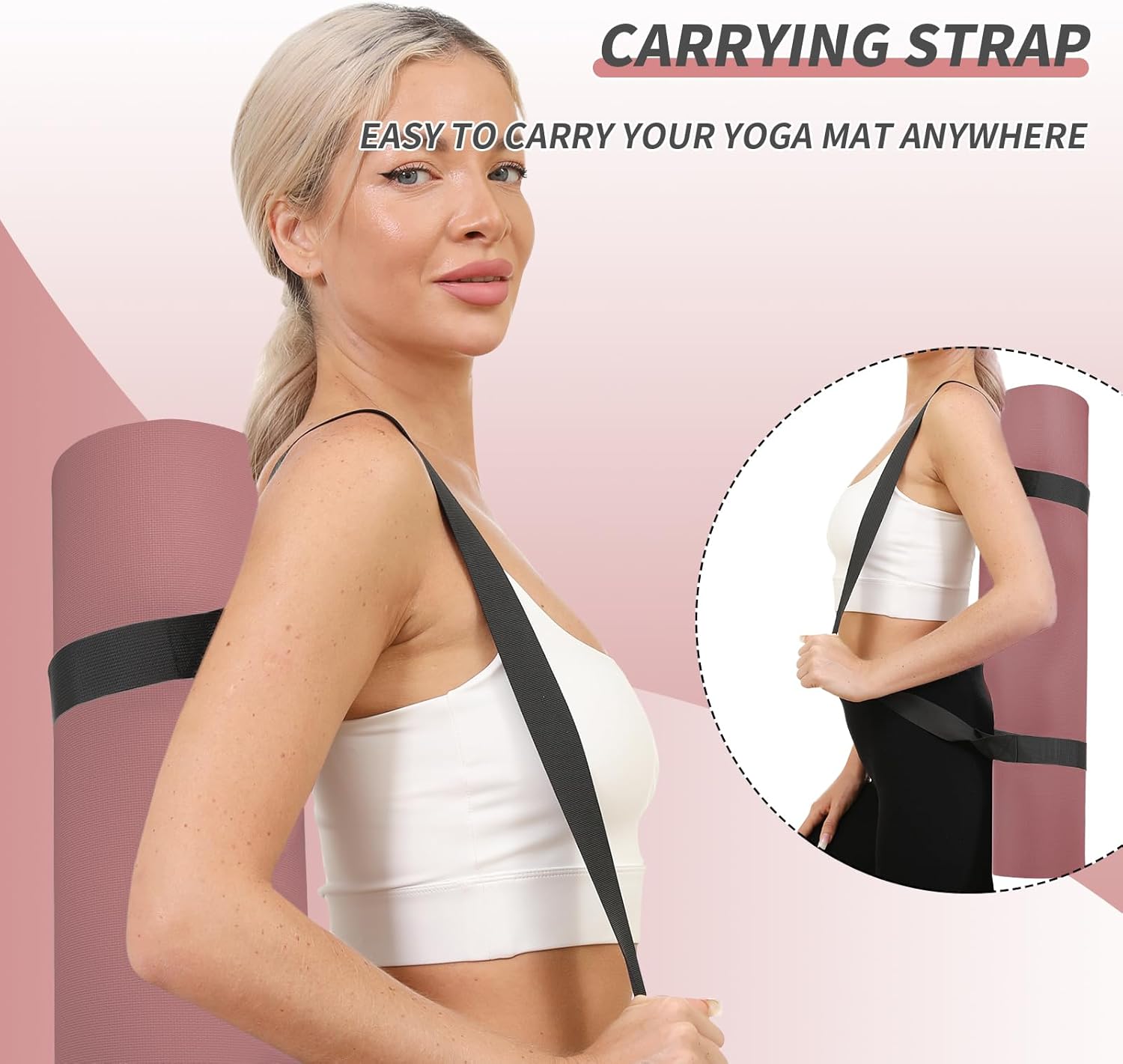 Yoga Mat with Strap,Non-Skid Workout Mat,8mm Thick Yoga Mat,POE Yoga Mats for Women Men Kids,Exercise Mat with Easy-Cinch,72"x24"x0.32” (183x61x0.8cm)  Deep Pink+ Gray