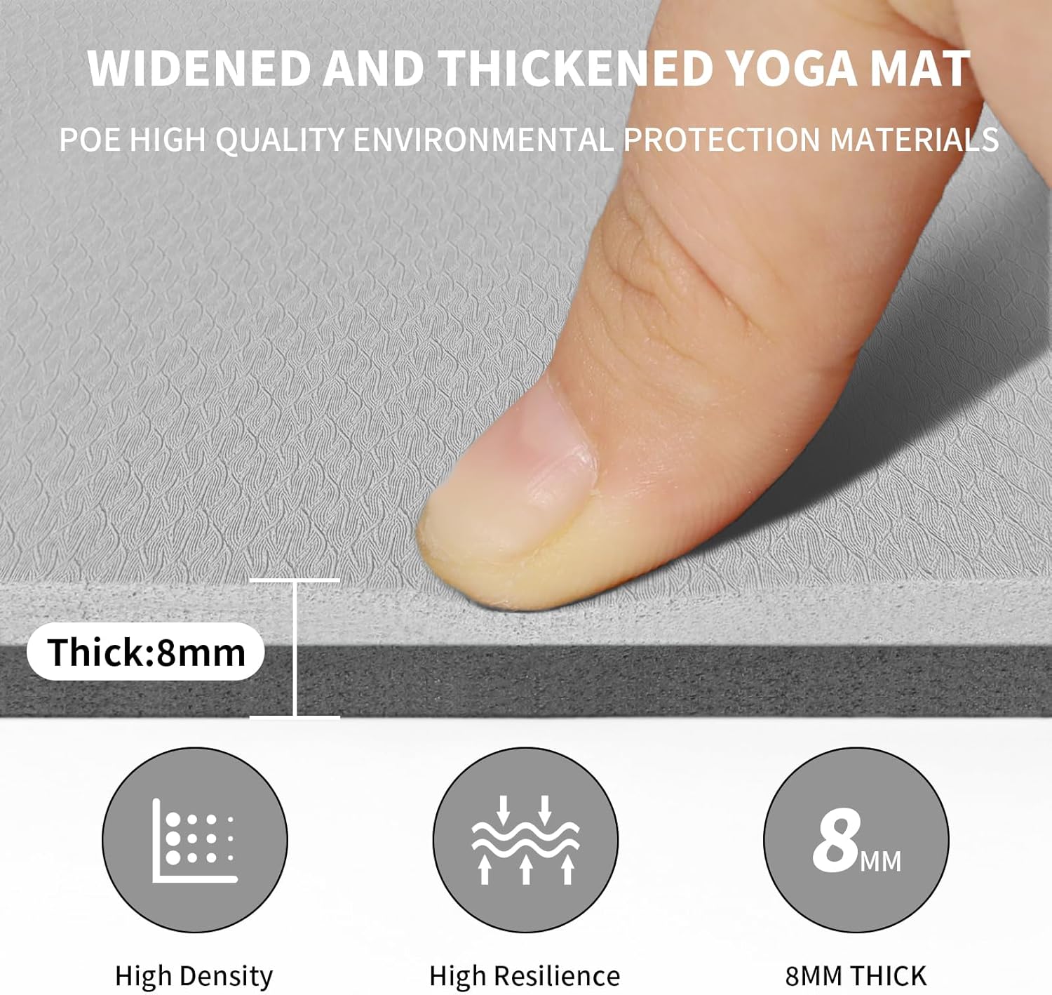 Yoga Mat with Strap,Non-Skid Workout Mat,8mm Thick Yoga Mat,POE Yoga Mats for Women Men Kids,Exercise Mat with Easy-Cinch,72"x24"x0.32” (183x61x0.8cm)   Gray+Black