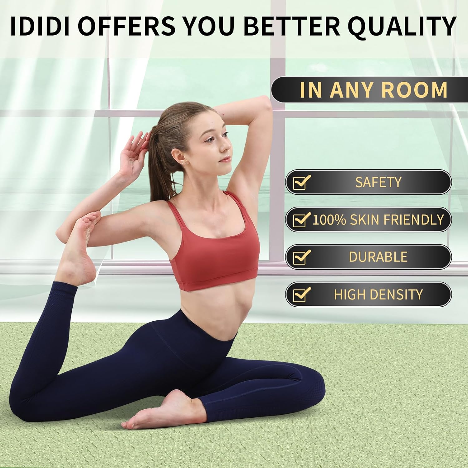 Yoga Mat with Strap,Non-Skid Workout Mat,8mm Thick Yoga Mat,POE Yoga Mats for Women Men Kids,Exercise Mat with Easy-Cinch,72"x24"x0.32” (183x61x0.8cm)   Green+Black