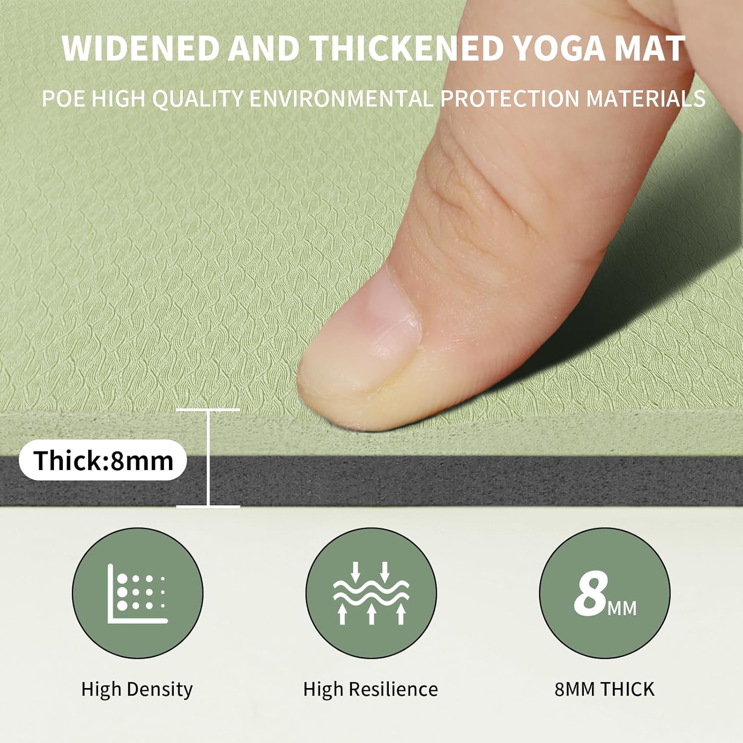 Yoga Mat with Strap,Non-Skid Workout Mat,8mm Thick Yoga Mat,POE Yoga Mats for Women Men Kids,Exercise Mat with Easy-Cinch,72"x24"x0.32” (183x61x0.8cm)   Green+Black