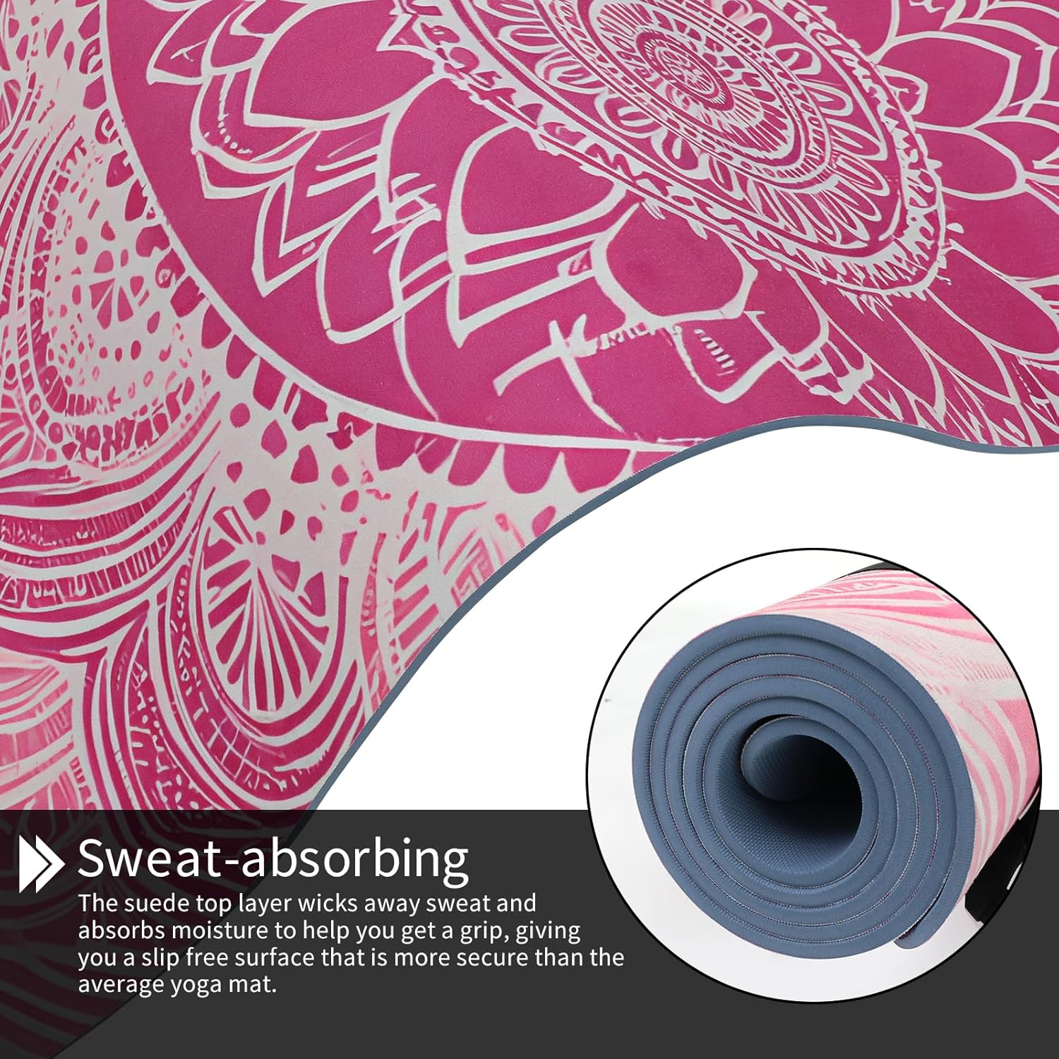 Hot Yoga Mat Printed, Thick 6mm Non Slip Suede tpe yoga Mat with Strap for Women Men Yoga, Pilates, Exercise, Fitness, Floor, Workouts  Pink  Lotus