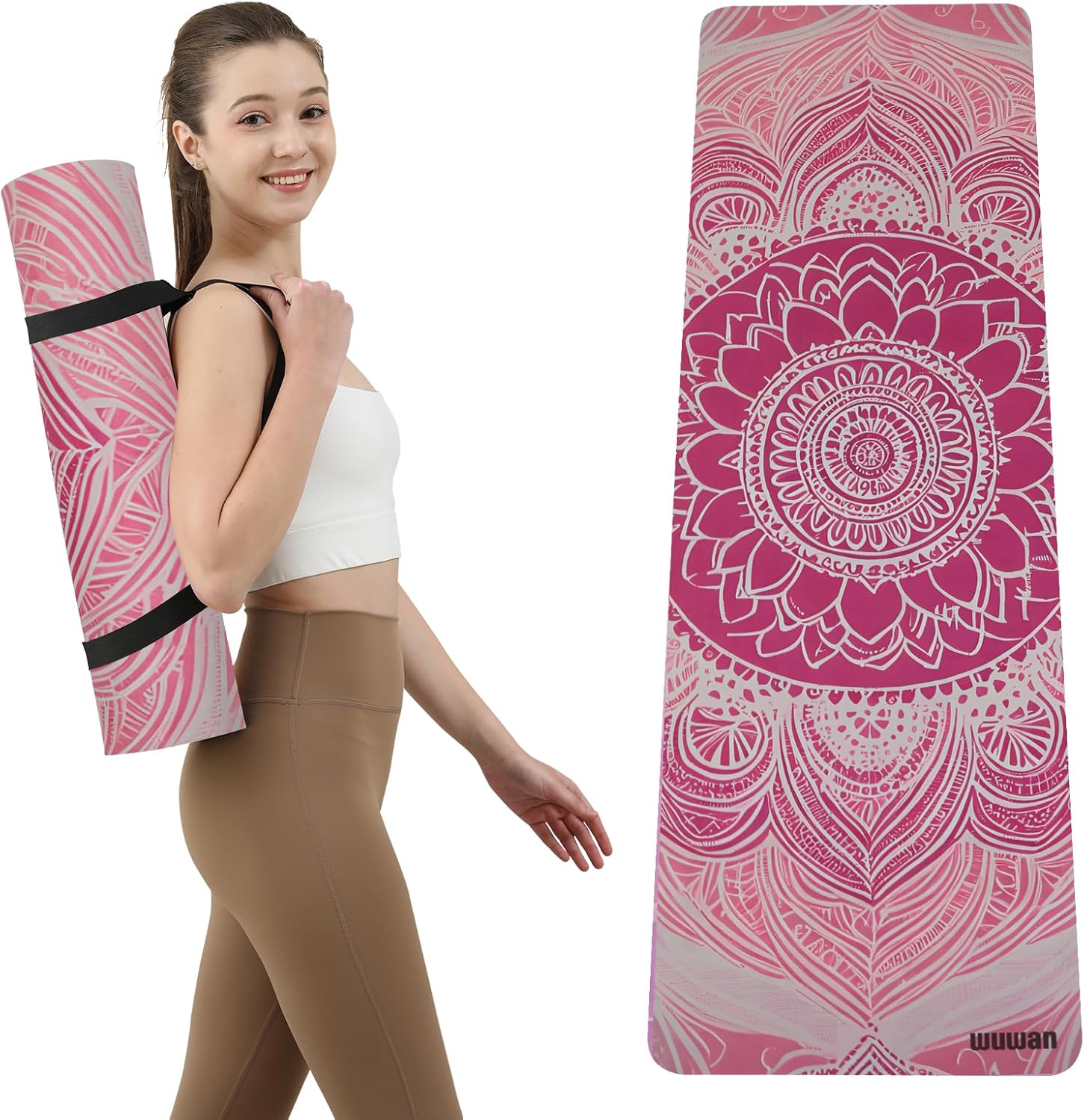 Hot Yoga Mat Printed, Thick 6mm Non Slip Suede tpe yoga Mat with Strap for Women Men Yoga, Pilates, Exercise, Fitness, Floor, Workouts  Pink  Lotus