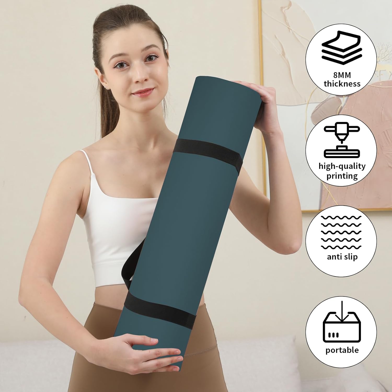 Non Slip Yoga Mat Thick (8MM,0.31"), POE Material High Rebound,Durable & Sweat Absorbent, for All Yoga Styles, Pilates & Home Floor Workouts (72" x 24") with Carrying Strap