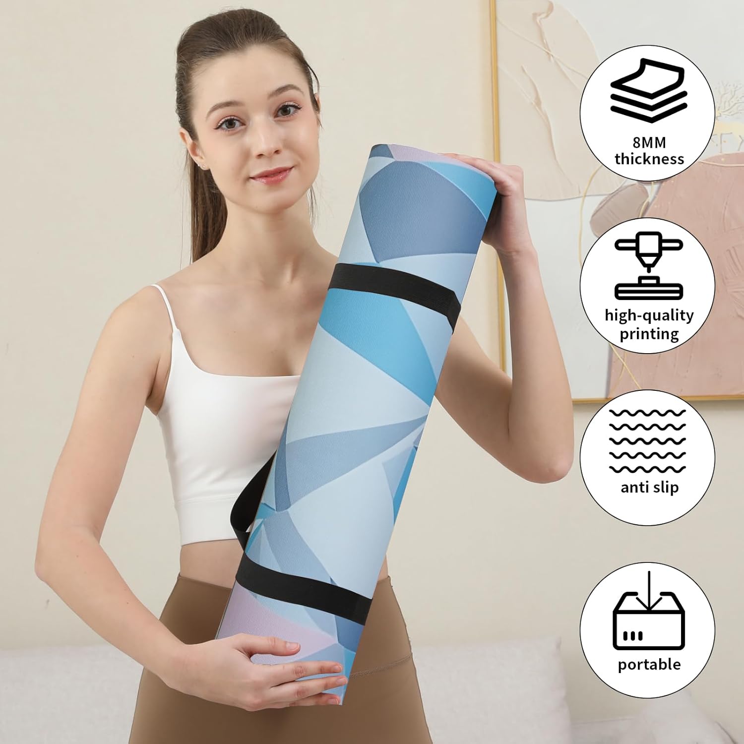 Non Slip Yoga Mat Thick (8MM,0.31"), POE Material High Rebound,Suitable for Yoga, Pilates, Fitness, and More, Provides Superior Cushioning and Support, Durable and Long-Lasting (72" x 24") with Carrying Strap