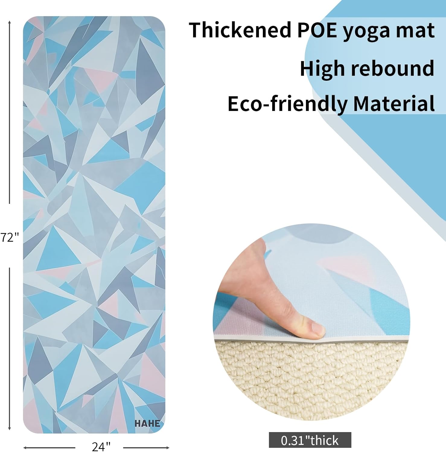 Non Slip Yoga Mat Thick (8MM,0.31"), POE Material High Rebound,Suitable for Yoga, Pilates, Fitness, and More, Provides Superior Cushioning and Support, Durable and Long-Lasting (72" x 24") with Carrying Strap