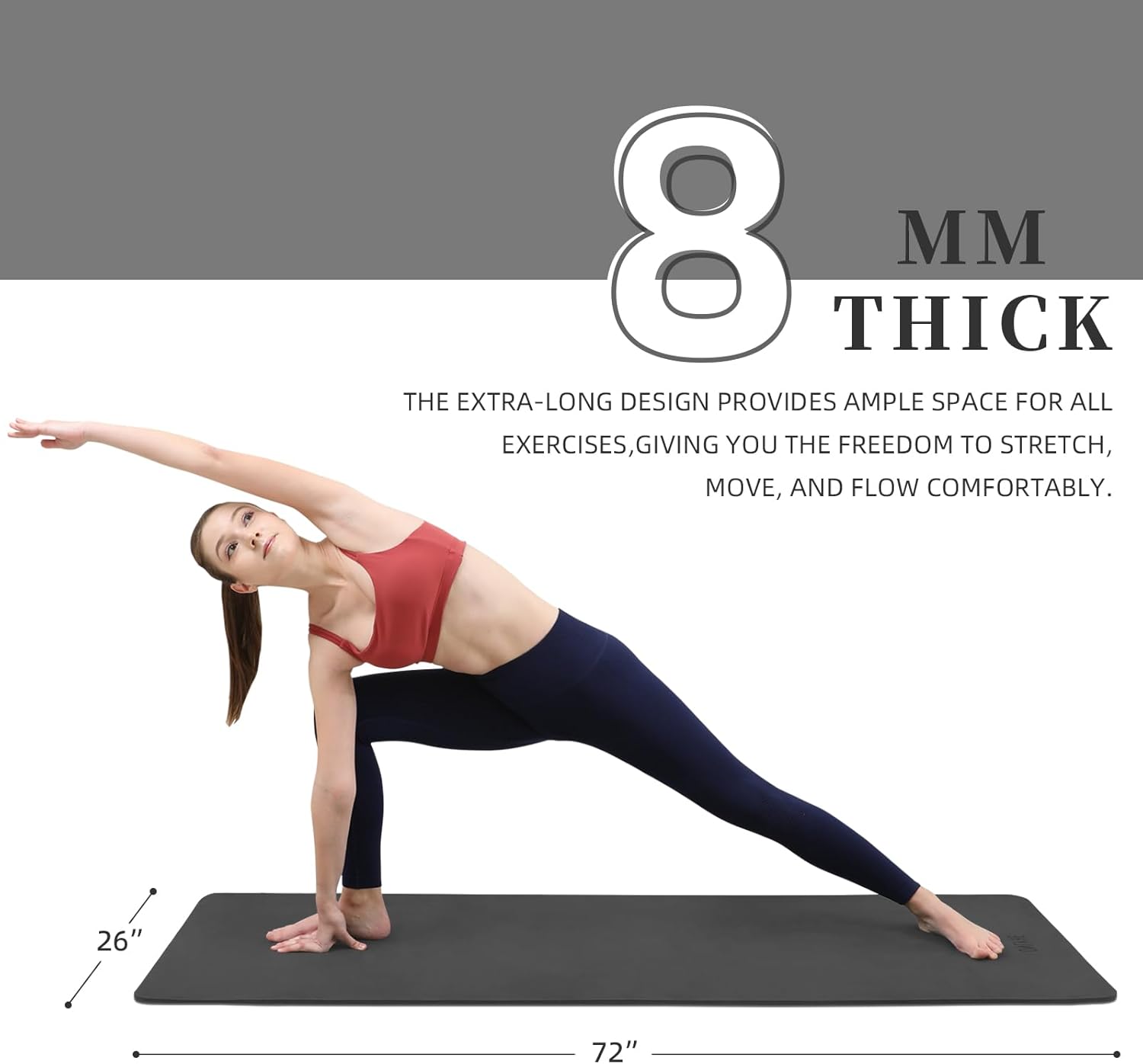 Extra Wide Yoga Mat 66cm & 8mm thick Exercise mat, Soft Lightweight POE Fitness Mat with strap, High Elasticity, Anti-fatigue for Women, Yoga, Camping, Travel, Gym & Outdoor | 72"x26" x0.31”(Black)