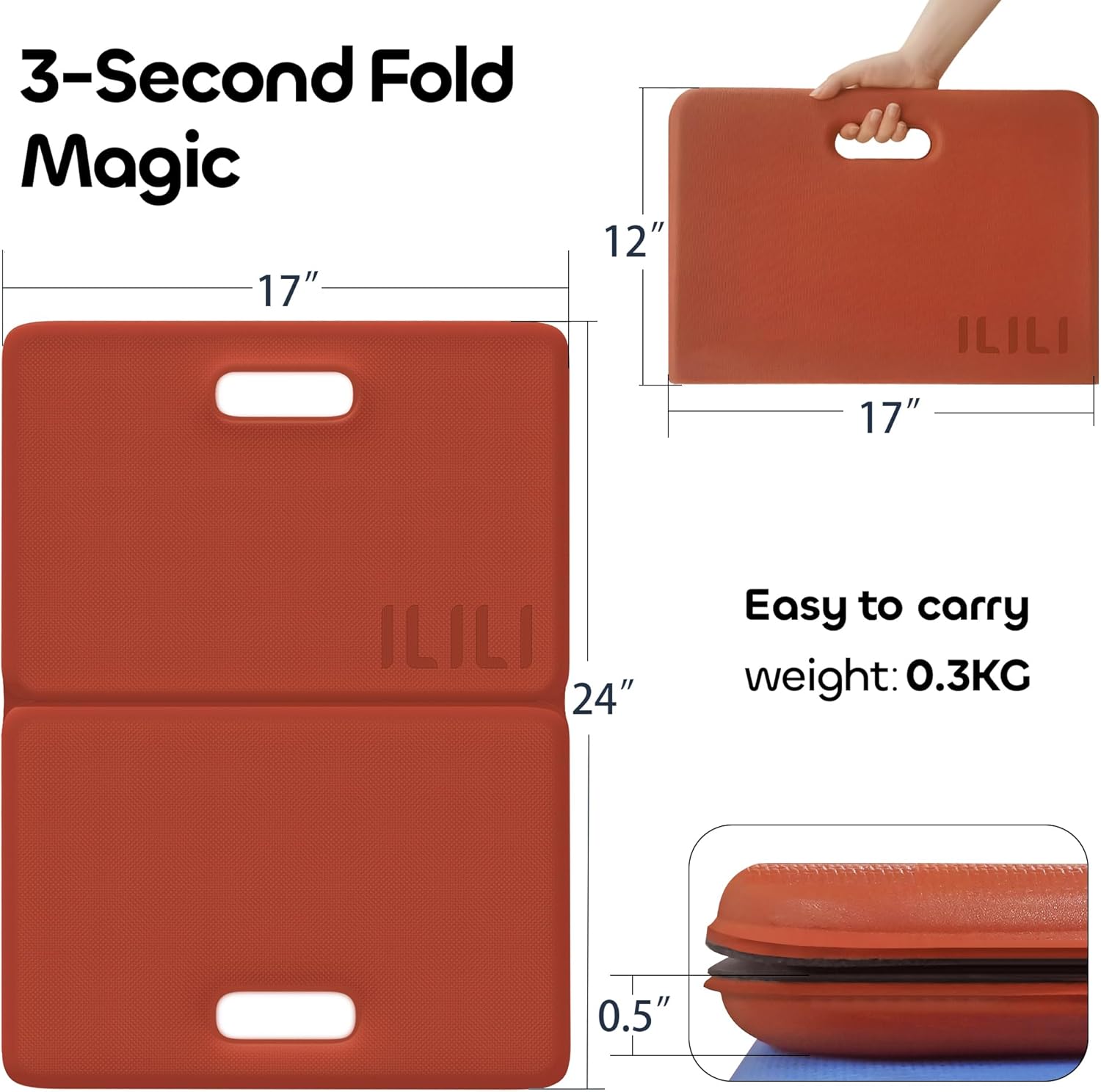 Foldable Garden Kneeling Pad - Waterproof Leather Bottom & TPE Material Top, Anti slip and Wear resistant, Carry Handle, 0.5 Inch Thick Cushioned, Knee Pad for Gardening, Cleaning, Kneeling Work