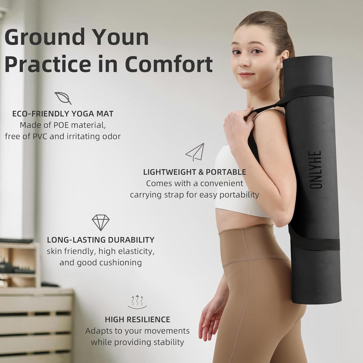 Extra Wide Yoga Mat 66cm & 8mm thick Exercise mat, Soft Lightweight POE Fitness Mat with strap, High Elasticity, Anti-fatigue for Women, Yoga, Camping, Travel, Gym & Outdoor | 72"x26" x0.31”(Black)