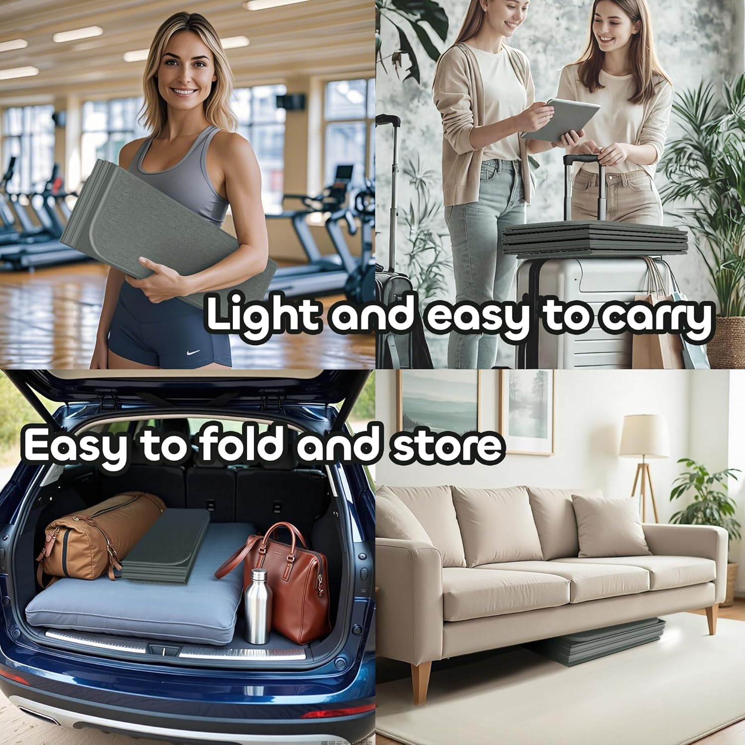 Foldable Extra Thick 1/2" Yoga Mat,Non Slip,Easy to Store for Yoga/Travel/Pilates/Workouts/Camping,Eco-Friendly Exercise (68.9"L x 24"W)