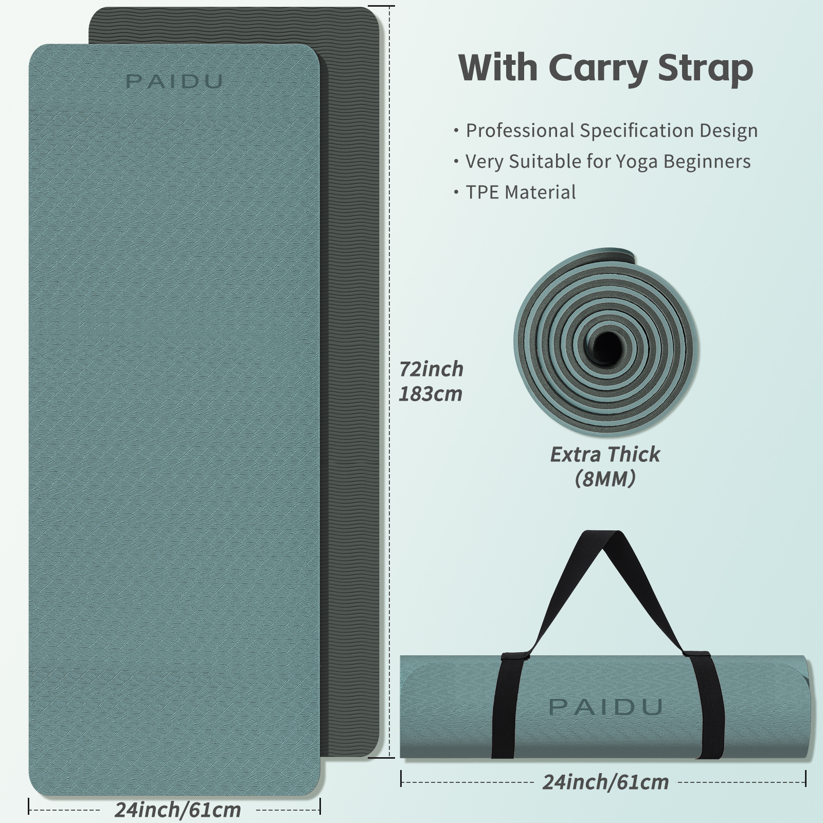 Yoga Mat 8mm Super Thick TPE Fitness Mat | SGS Certified | Non-Slip, Odorless & Tear-Resistant | Unisex with Strap | for Yoga, Pilates, Meditation & Home Workouts Visit the PAIDU Store